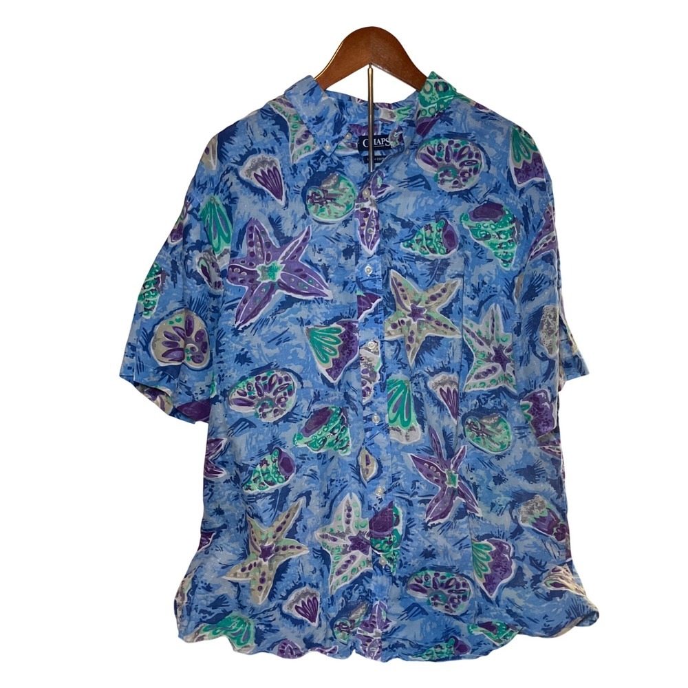 Chaps Mens XXL Swiss Blue Starfish Seashell Linen Cotton Short Sleeve Shirt